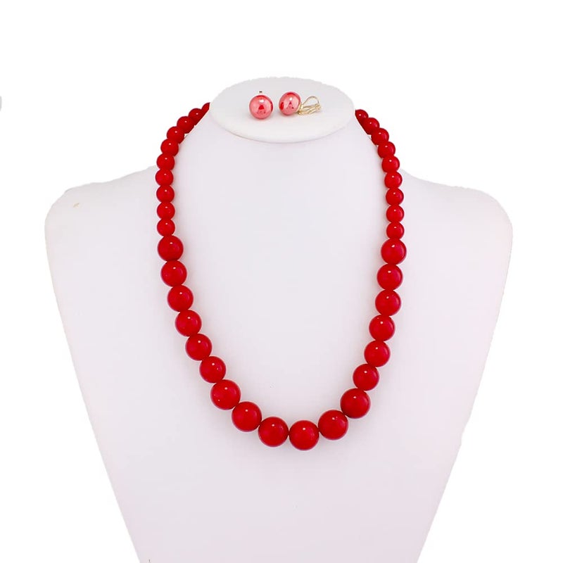 GRACE JUN Bridal Wedding Faux Pearl Statement Necklace and Clip on Earrings Jewelry Sets Women Bib Choker Necklace (Red) - Image 3